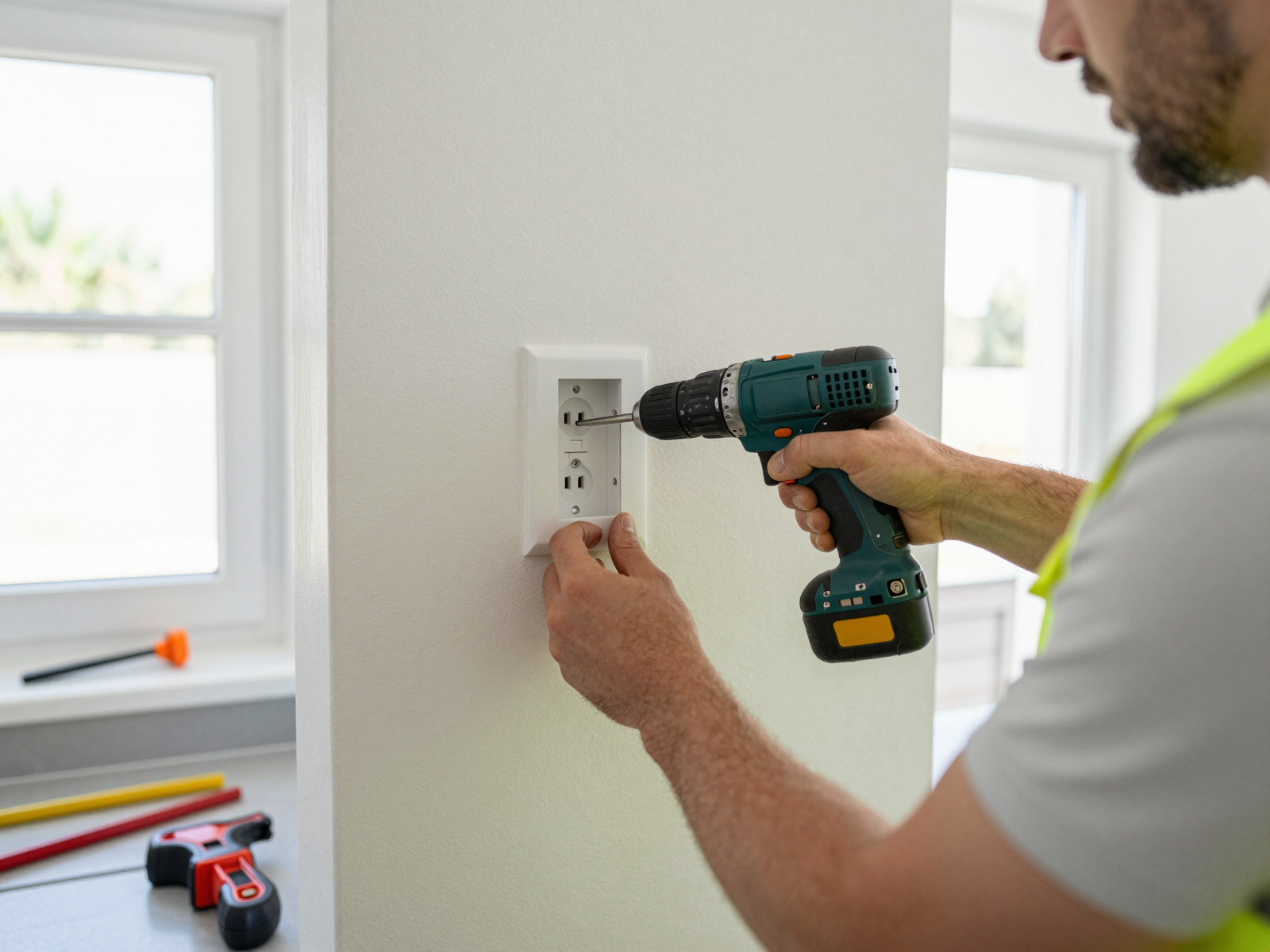 Electrician installing kitchen receptacle